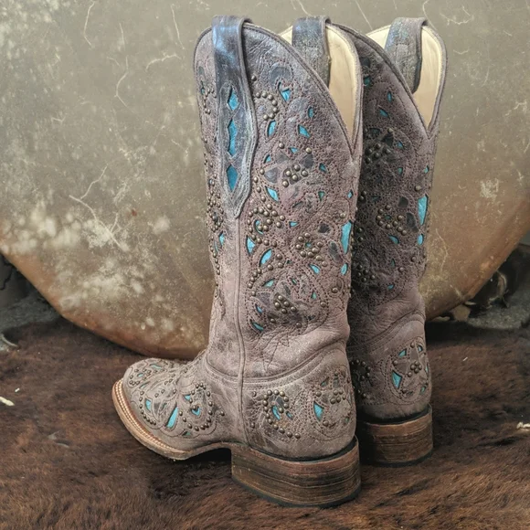 CORRAL A1149 brown studded leather cowgirl western boots turquoise inlay sz 7 - Picture 7 of 16